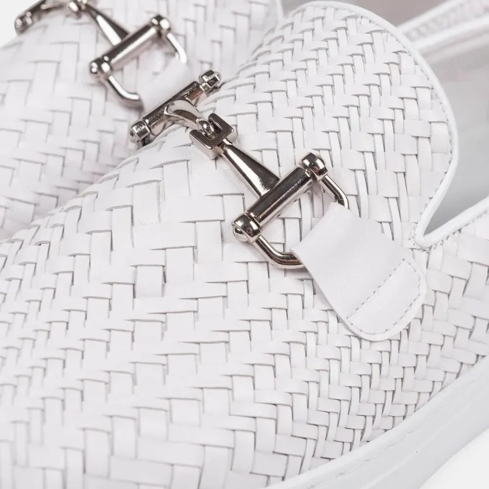 Marc Nolan BOARDWALK WHITE WOVEN LEATHER HORSE-BIT SNEAKERS
